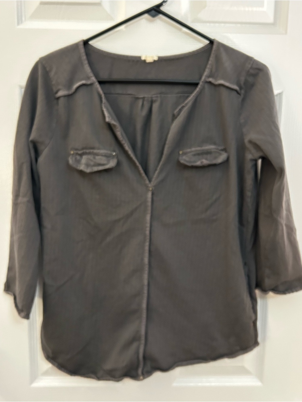 J.Crew Gray Utility Popover Blouse S 3/4 Sleeve Chest & Side Pockets